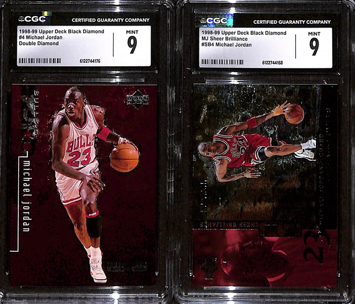(2) CGC Graded 1998-99 Upper Deck Black Diamond Michael Jordan Basketball Cards w. #4 Double Diamond CGC 9 & MJ Sheer Brilliance #SB4 CGC 9
