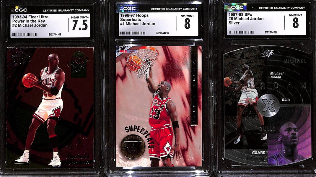 (3) CGC Graded Michael Jordan Basketball Cards w. 1993-94 Fleer Ultra #2 Power Play CGC 7.5