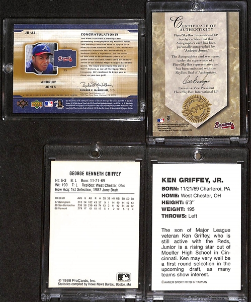 Lot of (4) Baseball Cards w. (2) Ken Griffey Jr & (2) Autographed Andruw Jones