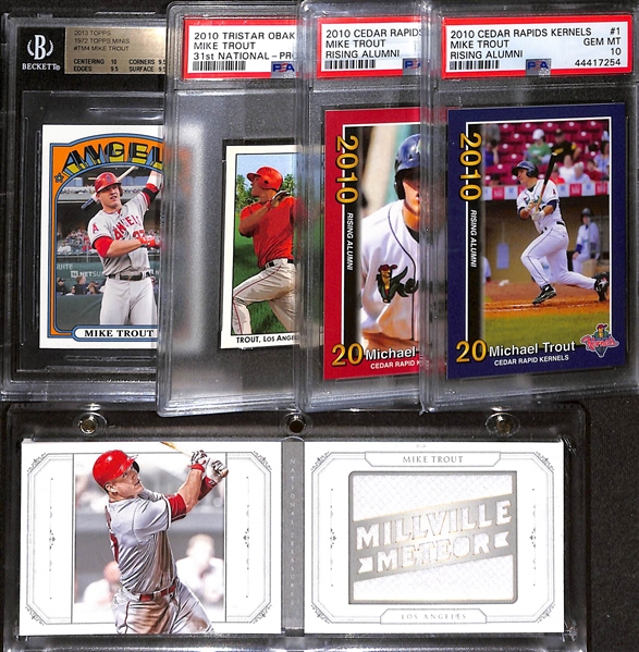 Lot of (5) Mike Trout Baseball Cards w. 2010 Cedar Rapids Kernel Rising Alumni #1 (PSA 10) & #2 PSA 10 Rookie Card