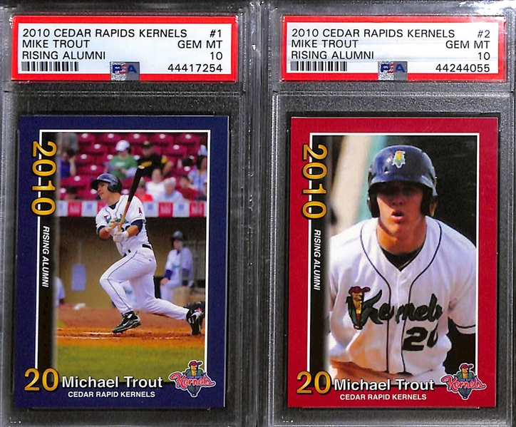 Lot of (5) Mike Trout Baseball Cards w. 2010 Cedar Rapids Kernel Rising Alumni #1 (PSA 10) & #2 PSA 10 Rookie Card
