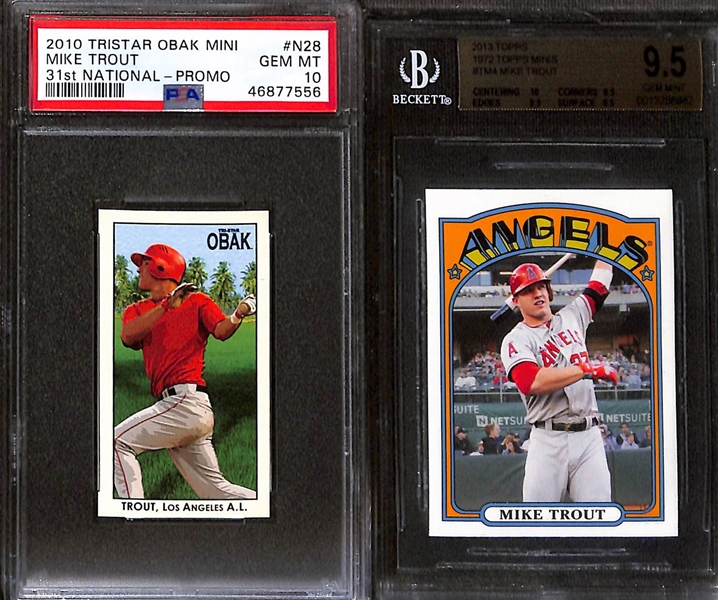 Lot of (5) Mike Trout Baseball Cards w. 2010 Cedar Rapids Kernel Rising Alumni #1 (PSA 10) & #2 PSA 10 Rookie Card