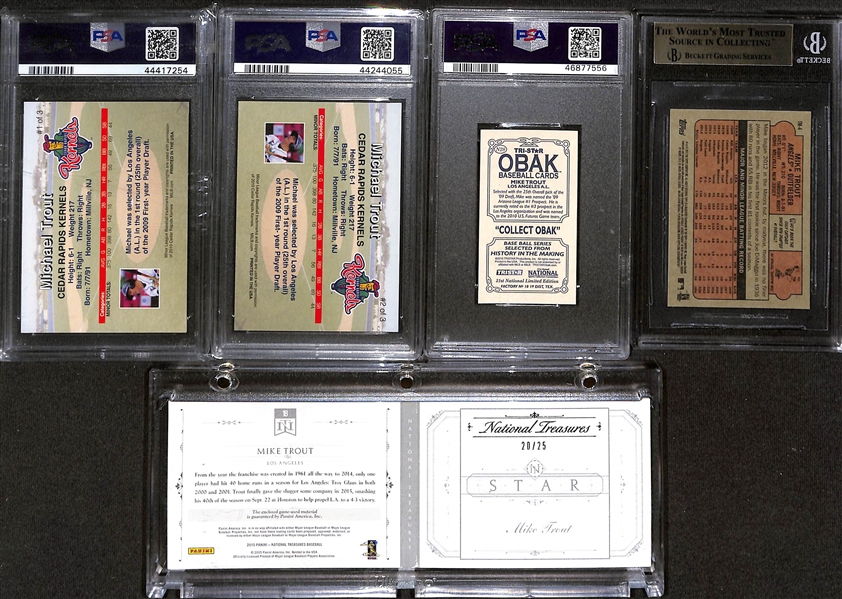 Lot of (5) Mike Trout Baseball Cards w. 2010 Cedar Rapids Kernel Rising Alumni #1 (PSA 10) & #2 PSA 10 Rookie Card