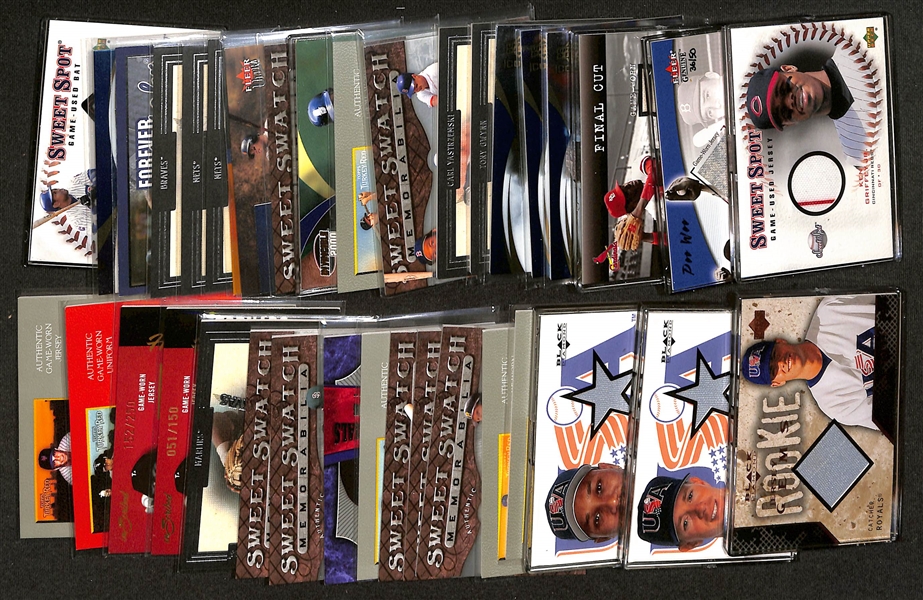 (38) Baseball Jersey/Bat Relic Cards w. Griffey, Pee Wee Reese, Bob Gibson, Cal Ripken Jr., M. Schmidt, T. Gwynn, R. Jackson, Yaz, +