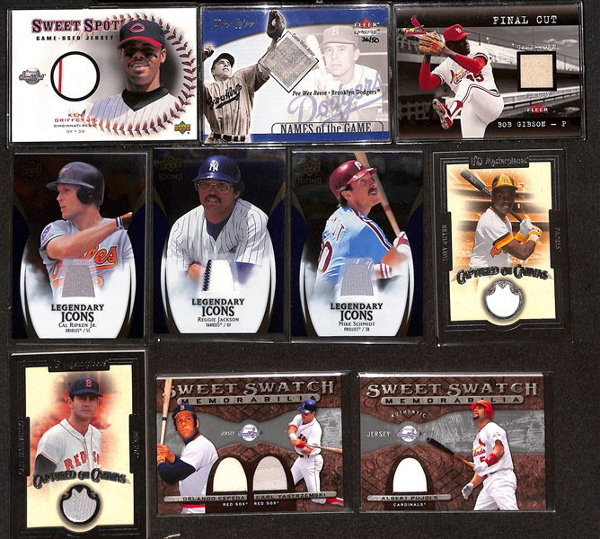 (38) Baseball Jersey/Bat Relic Cards w. Griffey, Pee Wee Reese, Bob Gibson, Cal Ripken Jr., M. Schmidt, T. Gwynn, R. Jackson, Yaz, +