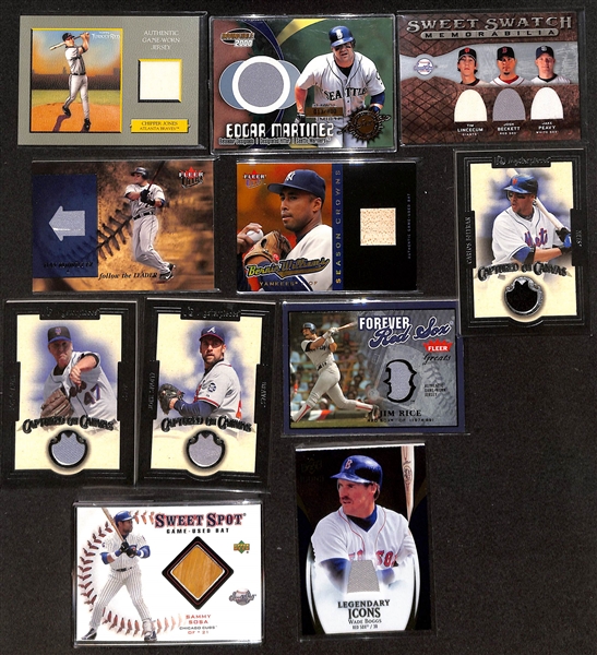 (38) Baseball Jersey/Bat Relic Cards w. Griffey, Pee Wee Reese, Bob Gibson, Cal Ripken Jr., M. Schmidt, T. Gwynn, R. Jackson, Yaz, +