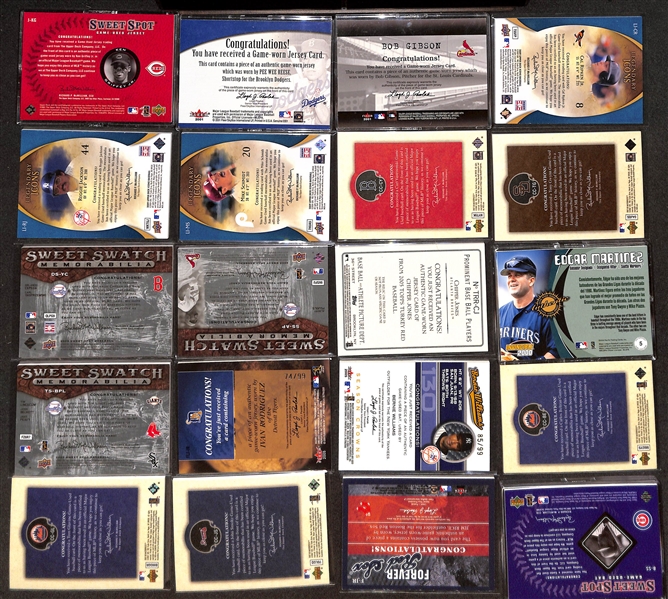 (38) Baseball Jersey/Bat Relic Cards w. Griffey, Pee Wee Reese, Bob Gibson, Cal Ripken Jr., M. Schmidt, T. Gwynn, R. Jackson, Yaz, +