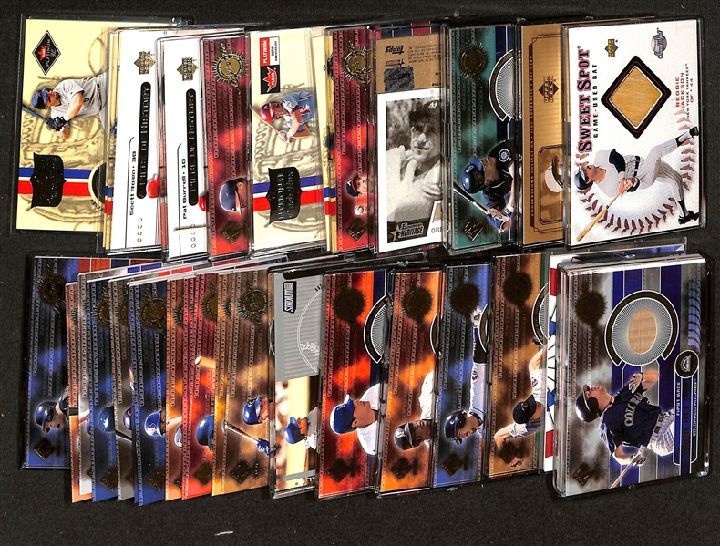 (35) Baseball Jersey/Bat Relic Cards w. Yogi Berra, Stargell, R. Henderson, M. Schmidt, R. Jackson, (2) G. Maddux, +