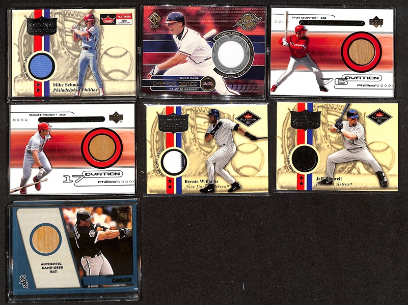 (35) Baseball Jersey/Bat Relic Cards w. Yogi Berra, Stargell, R. Henderson, M. Schmidt, R. Jackson, (2) G. Maddux, +