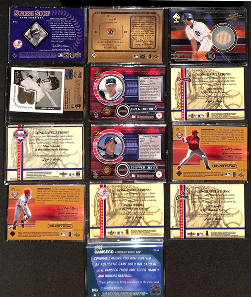 (35) Baseball Jersey/Bat Relic Cards w. Yogi Berra, Stargell, R. Henderson, M. Schmidt, R. Jackson, (2) G. Maddux, +