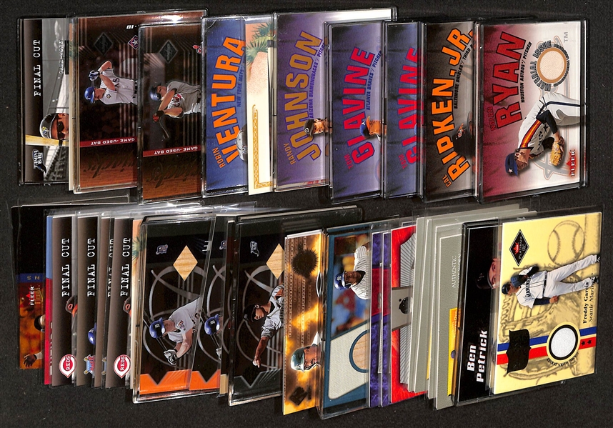 (36) Baseball Jersey/Bat Relic Cards w. Nolan Ryan, Cal Ripken Jr., C. Utley, R. Johnson, (2) Glavine, +