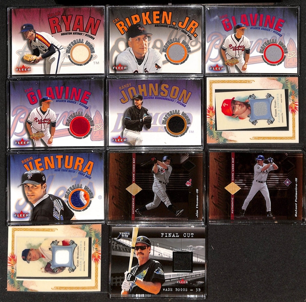(36) Baseball Jersey/Bat Relic Cards w. Nolan Ryan, Cal Ripken Jr., C. Utley, R. Johnson, (2) Glavine, +