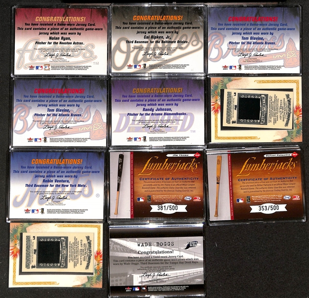 (36) Baseball Jersey/Bat Relic Cards w. Nolan Ryan, Cal Ripken Jr., C. Utley, R. Johnson, (2) Glavine, +