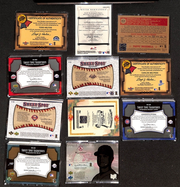 (36) Baseball Certified Autograph Cards w. T. Helton, C. Beltran, K. Hernandez, Papelbon, Morneau, Davey Johnson, +