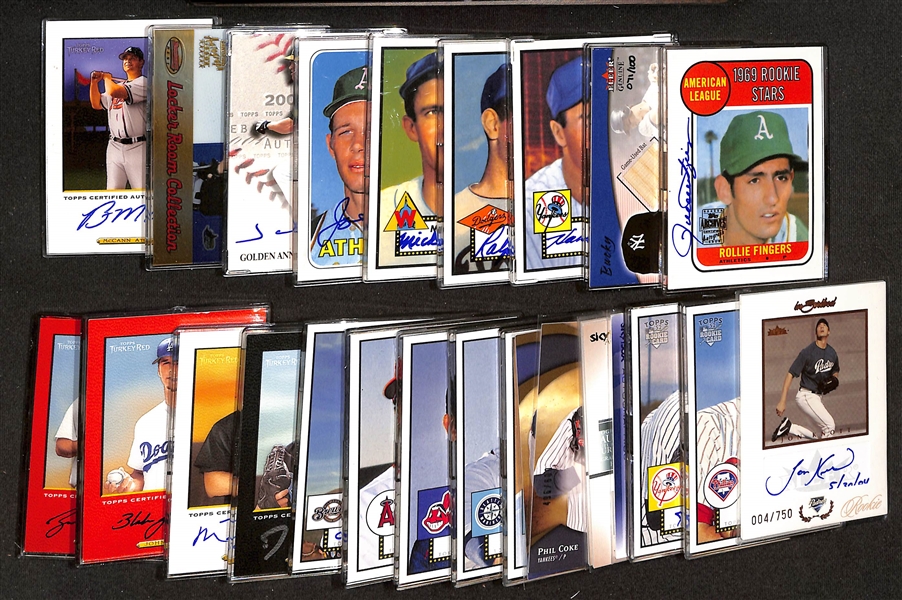 (26) Baseball Certified Autograph Cards w. Fingers, Bucky Dent (#/100). Bauer, Branca, Vernon, Rudi, Damon, Hamilton, McCann, +