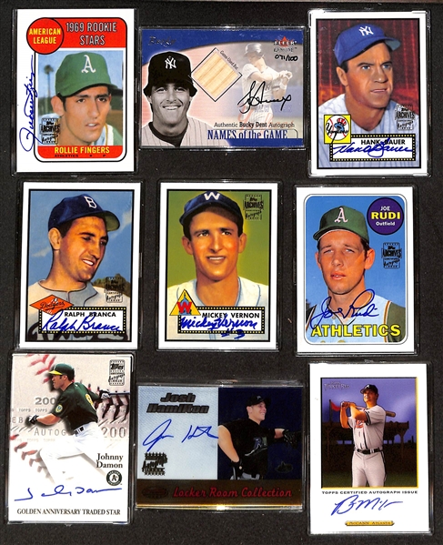 (26) Baseball Certified Autograph Cards w. Fingers, Bucky Dent (#/100). Bauer, Branca, Vernon, Rudi, Damon, Hamilton, McCann, +