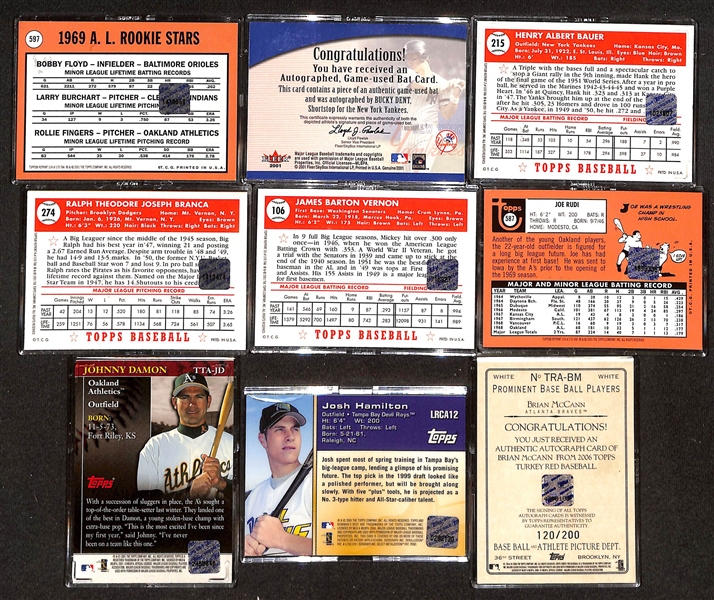 (26) Baseball Certified Autograph Cards w. Fingers, Bucky Dent (#/100). Bauer, Branca, Vernon, Rudi, Damon, Hamilton, McCann, +