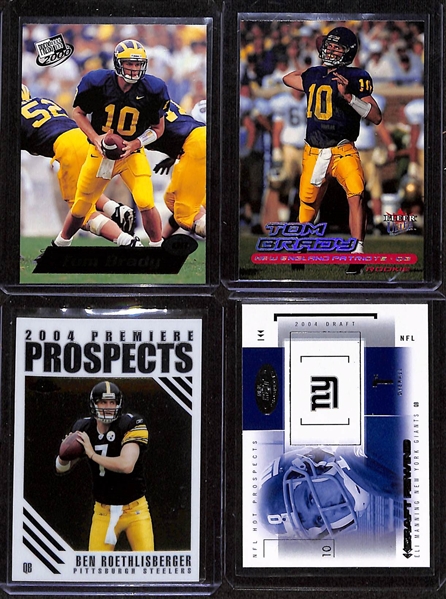 Football Rookie Card Lot w. (2) 2000 Tom Brady Rookies (Fleer Ultra & PressPass), 2004 Topps Chrome Prospects Ben Roethlisberger, & 2004 Fleer Hot Prospects Eli Manning