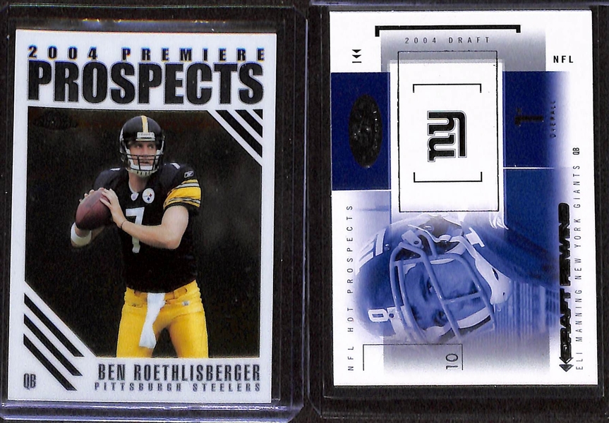 Football Rookie Card Lot w. (2) 2000 Tom Brady Rookies (Fleer Ultra & PressPass), 2004 Topps Chrome Prospects Ben Roethlisberger, & 2004 Fleer Hot Prospects Eli Manning
