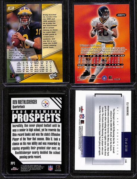 Football Rookie Card Lot w. (2) 2000 Tom Brady Rookies (Fleer Ultra & PressPass), 2004 Topps Chrome Prospects Ben Roethlisberger, & 2004 Fleer Hot Prospects Eli Manning