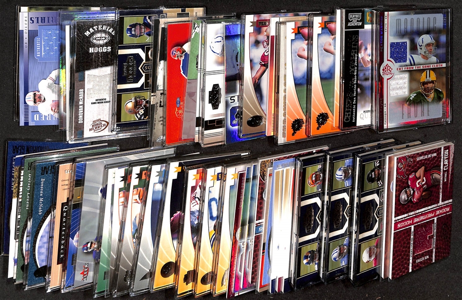 (42) Football Relic Cards (Mostly Jersey & Ball Relics) w. P. Manning/Favre, (4) Marino, Stabler, Moon (Shoe), Rice, Brees, P. Manning, Favre, +