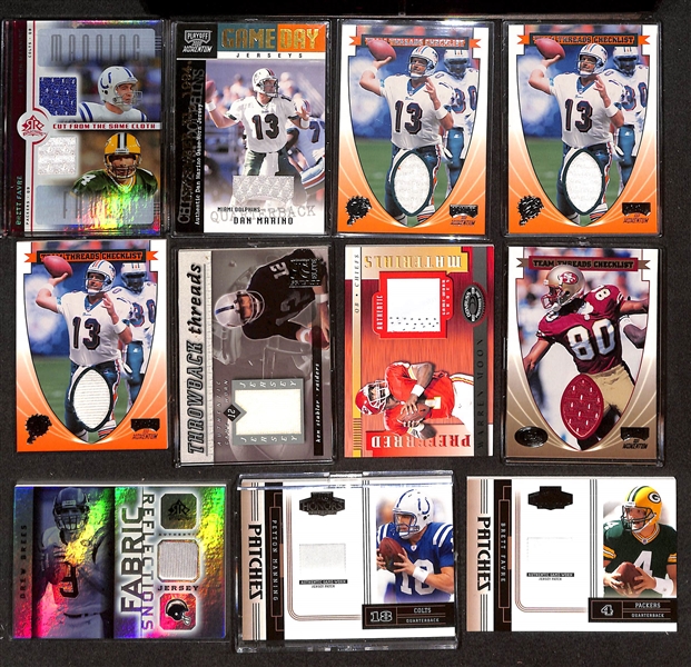 (42) Football Relic Cards (Mostly Jersey & Ball Relics) w. P. Manning/Favre, (4) Marino, Stabler, Moon (Shoe), Rice, Brees, P. Manning, Favre, +