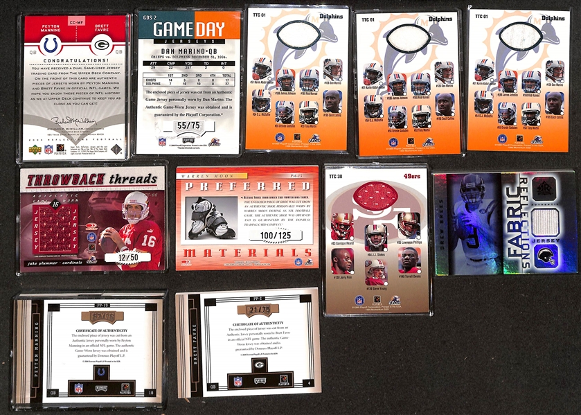 (42) Football Relic Cards (Mostly Jersey & Ball Relics) w. P. Manning/Favre, (4) Marino, Stabler, Moon (Shoe), Rice, Brees, P. Manning, Favre, +