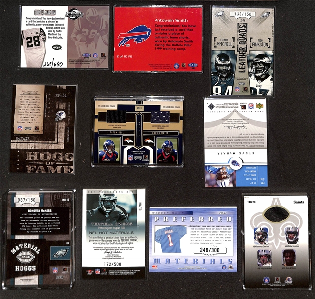 (42) Football Relic Cards (Mostly Jersey & Ball Relics) w. P. Manning/Favre, (4) Marino, Stabler, Moon (Shoe), Rice, Brees, P. Manning, Favre, +