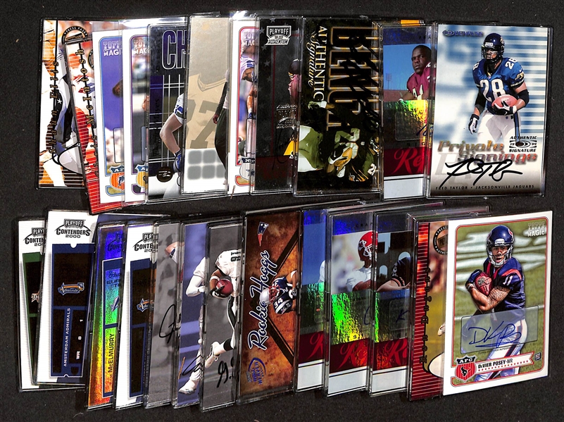 (26) Football Autograph Cards w. Fred Taylor, Frank Gore, Corey Dillon, Sean Lee, Kordell Stewart, +