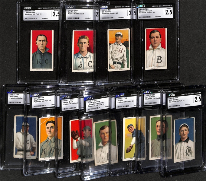 (11) CGC Graded 1909-11 T206 Minor League Cards - Flanagan (2.5), Maloney (2.5), Moeller (2.5), Beckley (2.5), Nattress (2.5), Hoffman (1.5), Orth (2.0), F. Delehanty (1.5), Cross (1.5), Brashear...