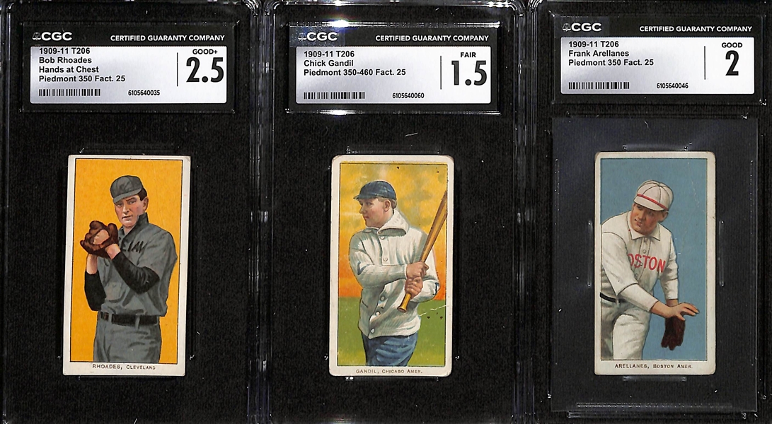 (9) CGC Graded 1909-11 T206 Cards - Rhoades (2.5), Gandil (1.5), Arellanes (2.0), L. Tannehill (2.5), Unglaub (2.5), Quinn (1.5), D. Miller (2.0), Abstein (2.0), Moran (2.0)