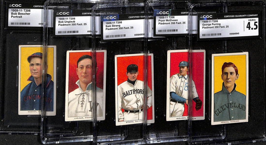 (5) CGC Graded 1909-11 T206 Baseball Cards (Each Graded CGC 4.5) - Perring, McElveen, Strang, Unglaub, Bescher (All Piedmont 350 Series, Made in Factory 25) 
