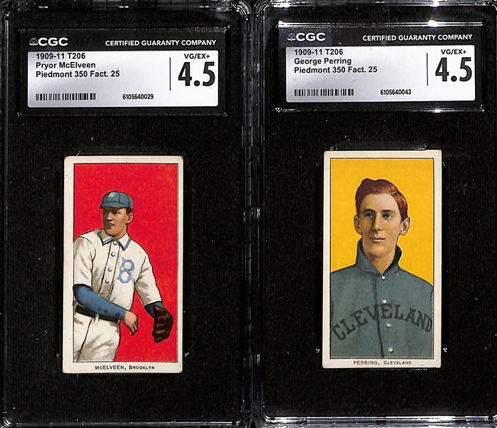 (5) CGC Graded 1909-11 T206 Baseball Cards (Each Graded CGC 4.5) - Perring, McElveen, Strang, Unglaub, Bescher (All Piedmont 350 Series, Made in Factory 25) 