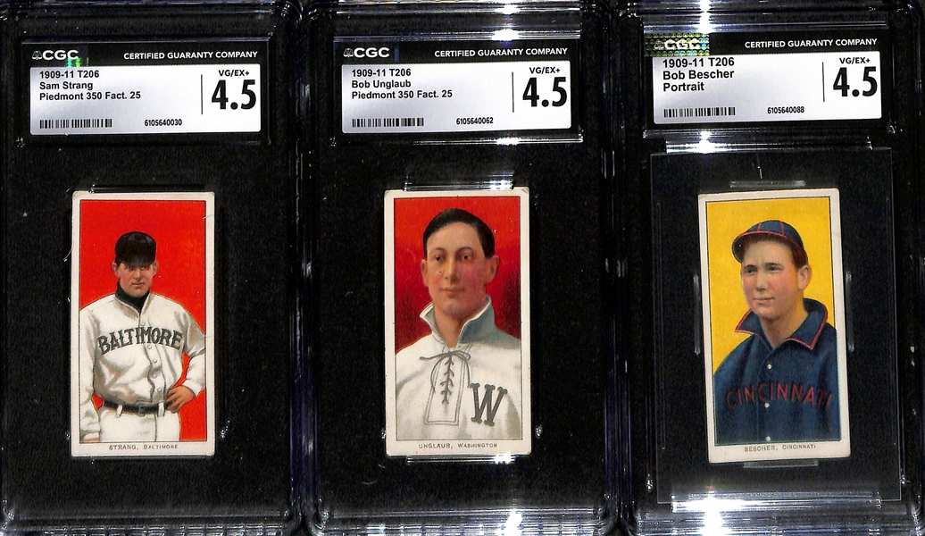 (5) CGC Graded 1909-11 T206 Baseball Cards (Each Graded CGC 4.5) - Perring, McElveen, Strang, Unglaub, Bescher (All Piedmont 350 Series, Made in Factory 25) 