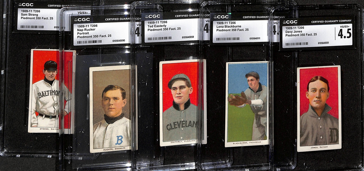 (5) CGC Graded 1909-11 T206 Baseball Cards (Each Graded CGC 4.5) - Davy Jones, Lena Blackburne, Ted Easterly, Nap Rucker, Sam Strang (All Piedmont 350 Series, Made in Factory 25) 