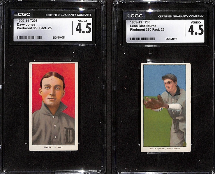 (5) CGC Graded 1909-11 T206 Baseball Cards (Each Graded CGC 4.5) - Davy Jones, Lena Blackburne, Ted Easterly, Nap Rucker, Sam Strang (All Piedmont 350 Series, Made in Factory 25) 