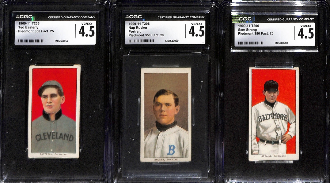 (5) CGC Graded 1909-11 T206 Baseball Cards (Each Graded CGC 4.5) - Davy Jones, Lena Blackburne, Ted Easterly, Nap Rucker, Sam Strang (All Piedmont 350 Series, Made in Factory 25) 
