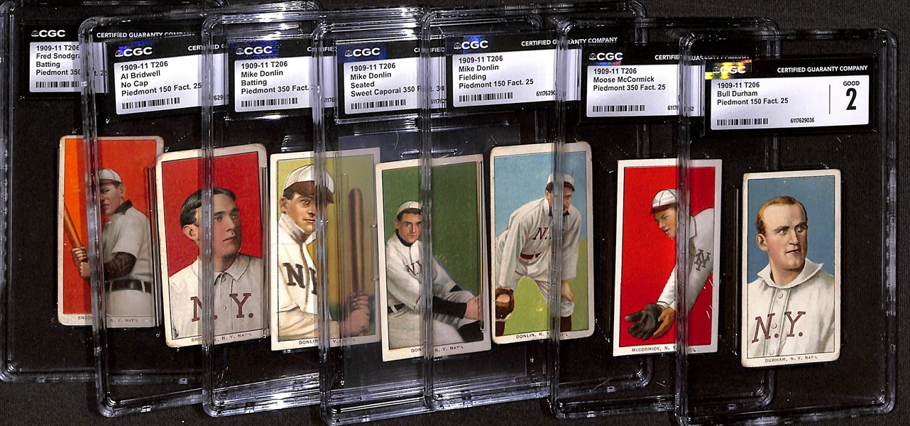 (7) T206 New York Giants Cards w. Bull Durham (CGC 2), M. McCormick (CGC 4), Donlin - Fielding (CGC 1.5), Donlin - Seated (CGC 1.5), Donlin - Batting (CGC 1.5), Bridwell (CGC 1.5), Snodgrass (CGC 1)
