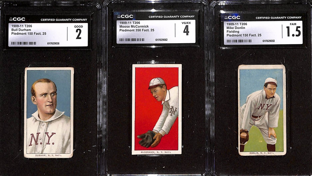(7) T206 New York Giants Cards w. Bull Durham (CGC 2), M. McCormick (CGC 4), Donlin - Fielding (CGC 1.5), Donlin - Seated (CGC 1.5), Donlin - Batting (CGC 1.5), Bridwell (CGC 1.5), Snodgrass (CGC 1)