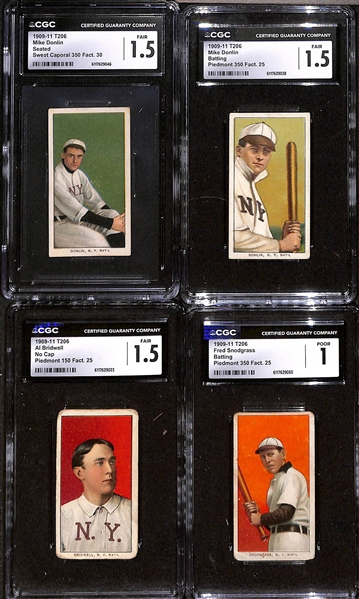 (7) T206 New York Giants Cards w. Bull Durham (CGC 2), M. McCormick (CGC 4), Donlin - Fielding (CGC 1.5), Donlin - Seated (CGC 1.5), Donlin - Batting (CGC 1.5), Bridwell (CGC 1.5), Snodgrass (CGC 1)