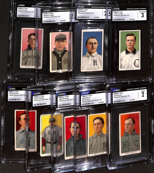 (9) T206 Minor League Cards w. Helm (CGC 3), Batch (CGC 2.5), O'Neil (CGC 2.5), Downs (CGC 2.5), Dorner (CGC 2), Barry (CGC 1), Beckley (CGC 1), O'Brien (CGC 1.5), Burke (CGC 2.5)