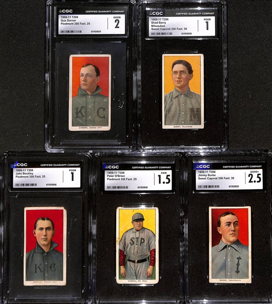 (9) T206 Minor League Cards w. Helm (CGC 3), Batch (CGC 2.5), O'Neil (CGC 2.5), Downs (CGC 2.5), Dorner (CGC 2), Barry (CGC 1), Beckley (CGC 1), O'Brien (CGC 1.5), Burke (CGC 2.5)