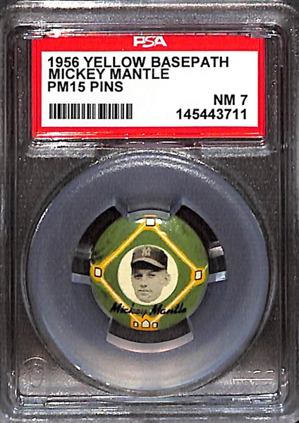 1956 PM15 Yellow Basepath Pins Mickey Mantle Graded PSA 7 NM