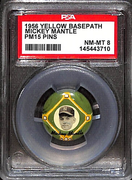 1956 PM15 Yellow Basepath Pins Mickey Mantle Graded PSA 8 NM-MT