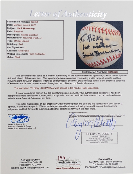Hank Greenberg Signed Rawlings Official League Baseball - JSA LOA