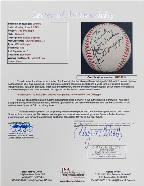 Joe DiMaggio Signed Rawlings Official League Baseball - JSA LOA