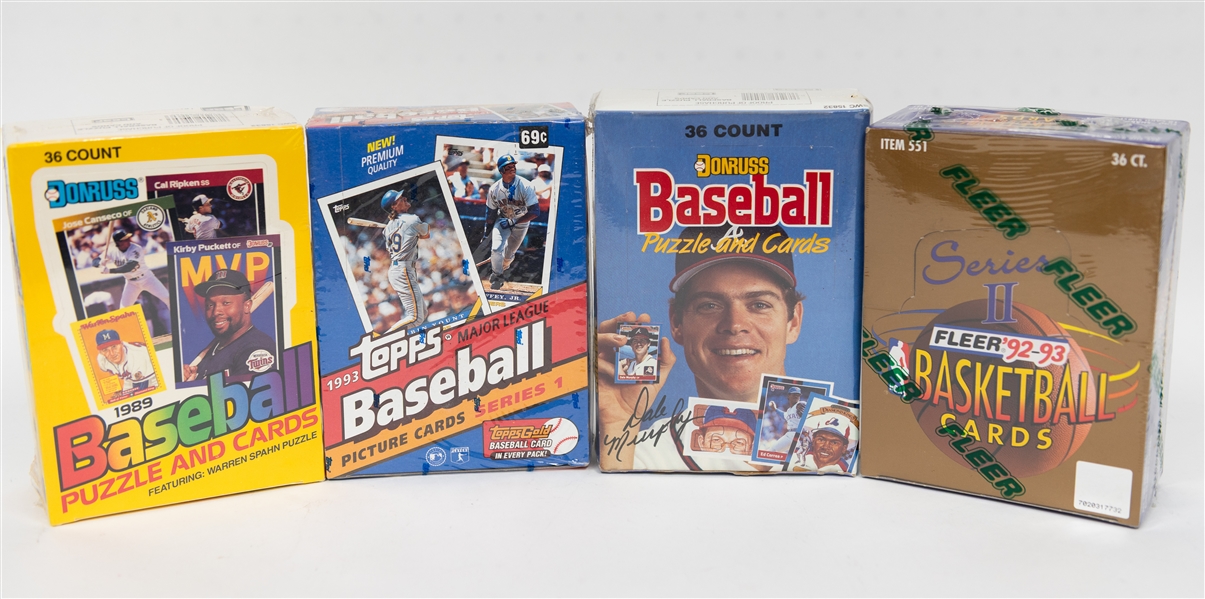 Lot of (4) Sealed Wax Boxes - 1988 Donruss Baseball, 1992-93 Fleer Basketball Series 2 (Shaquille ONeal Rookie Potential), 1989 Donruss Baseball, 1993 Topps Baseball