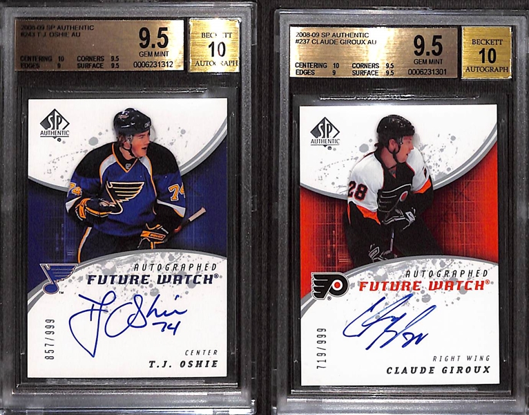 (2) BGS Graded 9.5/10 Auto Autographed Hockey Cards w. TJ Oshie & Claude Giroux #/199