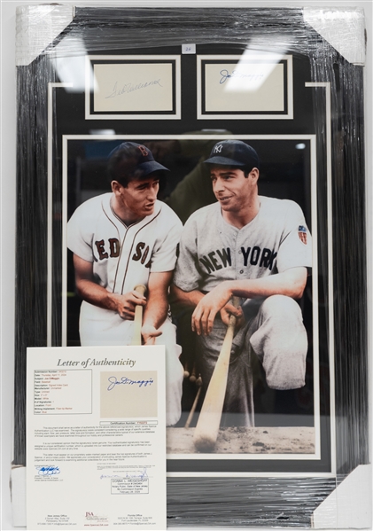 Ted Williams & Joe DiMaggio Photo Display with Signed 3"x5" Index Cards of Each Hall of Famer - Full JSA LOA for Each