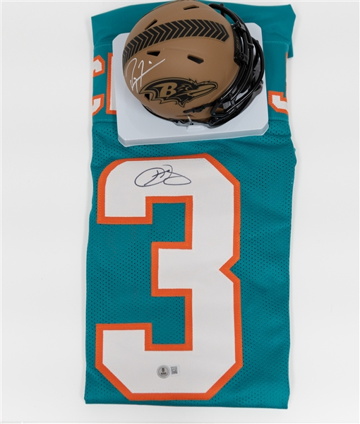Signed Football Memorabilia Lot w. Odell Beckham Jr Custom Jersey & Ray Lewis Signed Ravens Salute to Service Helmet (both Beckett COA)